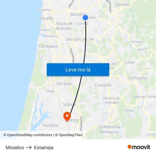Mozelos to Estarreja map