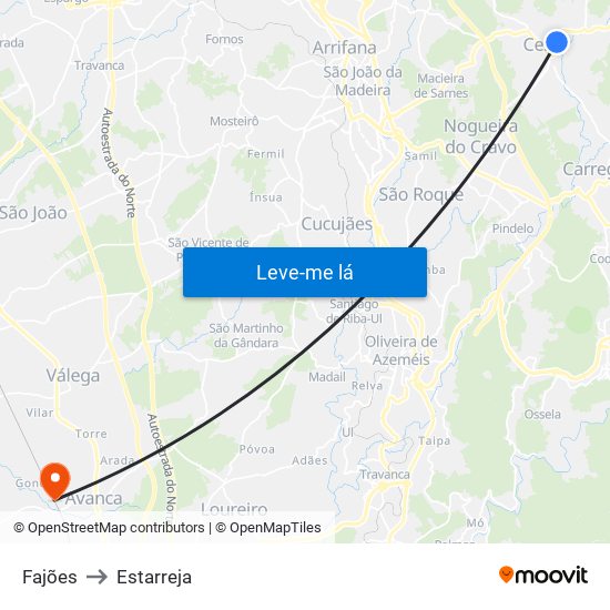 Fajões to Estarreja map