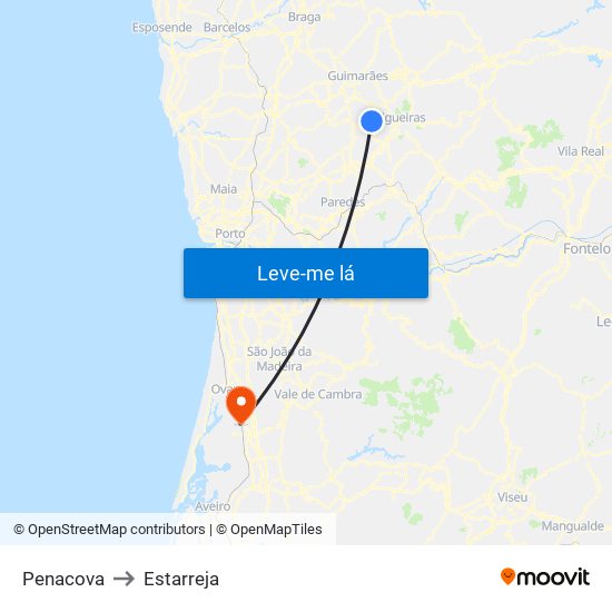 Penacova to Estarreja map
