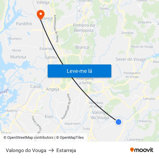 Valongo do Vouga to Estarreja map