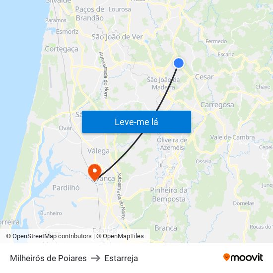 Milheirós de Poiares to Estarreja map