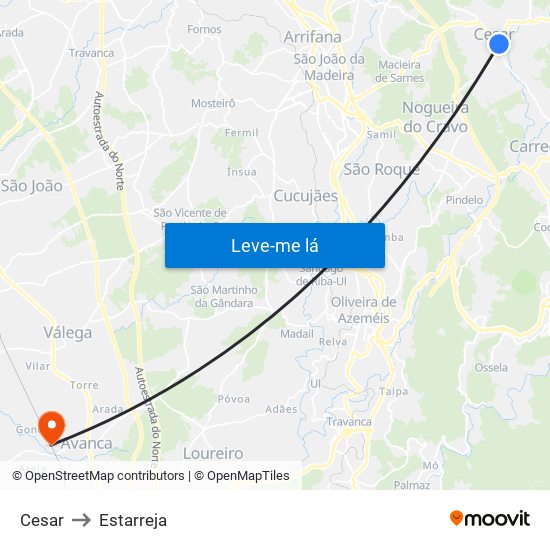 Cesar to Estarreja map
