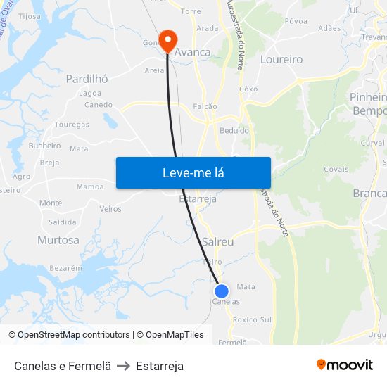 Canelas e Fermelã to Estarreja map