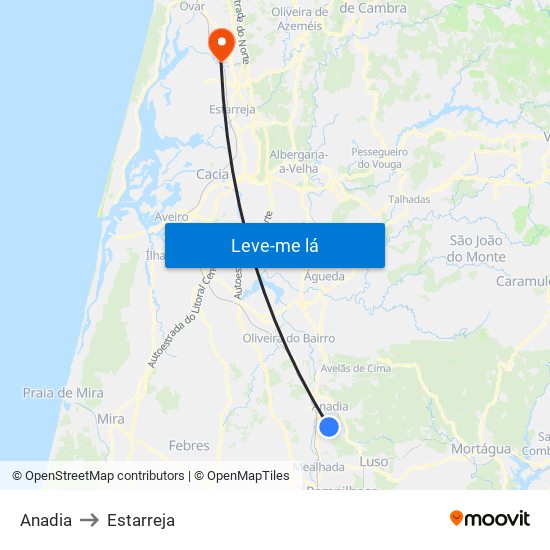 Anadia to Estarreja map