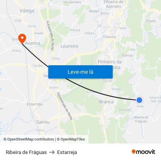 Ribeira de Fráguas to Estarreja map