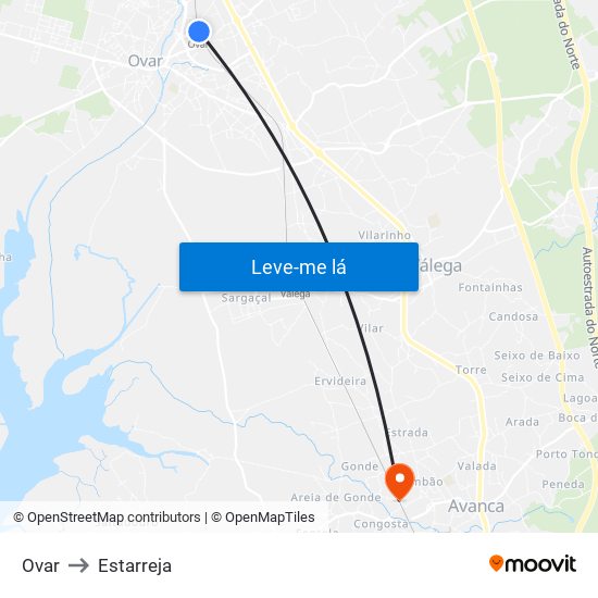 Ovar to Estarreja map