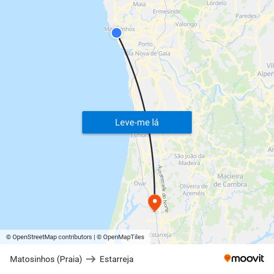 Matosinhos (Praia) to Estarreja map