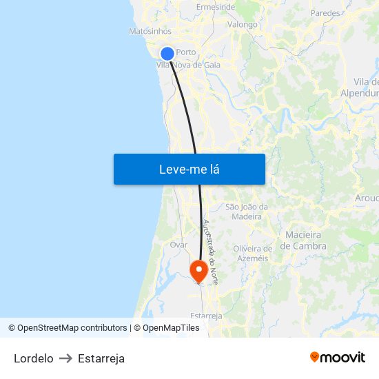 Lordelo to Estarreja map