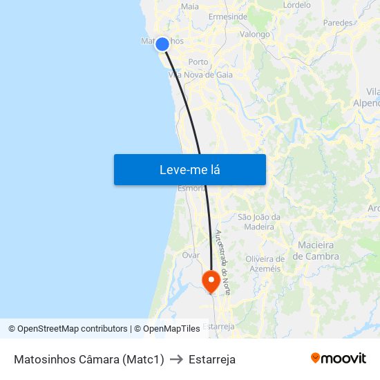 Matosinhos Câmara (Matc1) to Estarreja map