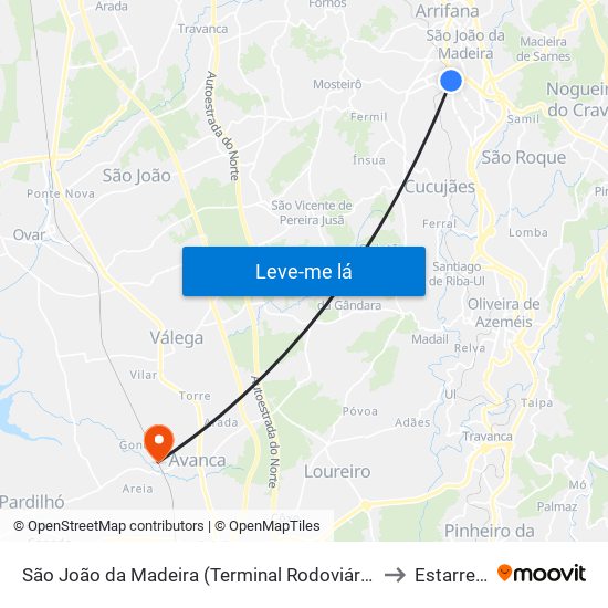 São João da Madeira (Terminal Rodoviário) to Estarreja map