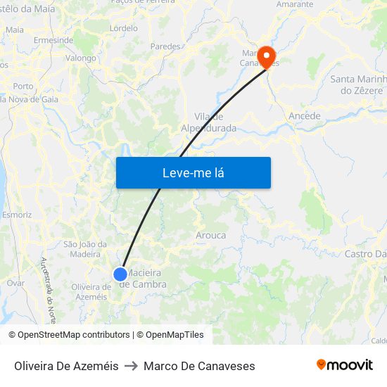 Oliveira De Azeméis to Marco De Canaveses map
