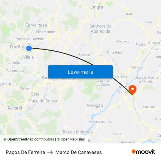 Paços De Ferreira to Marco De Canaveses map