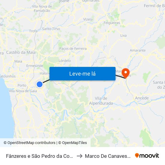 Fânzeres e São Pedro da Cova to Marco De Canaveses map