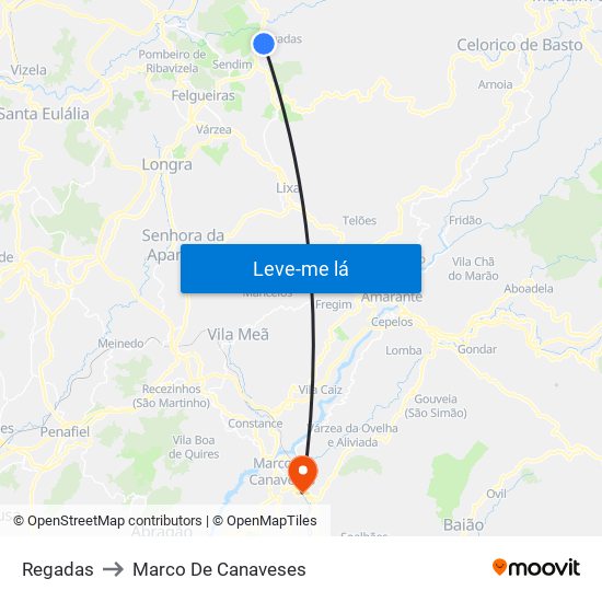Regadas to Marco De Canaveses map