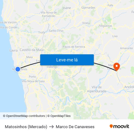 Matosinhos (Mercado) to Marco De Canaveses map