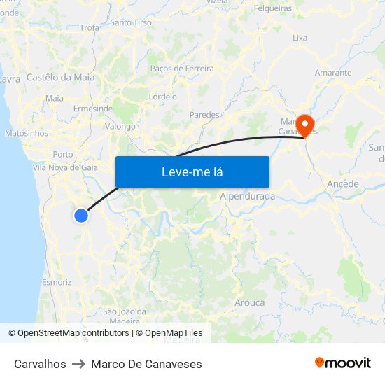 Carvalhos to Marco De Canaveses map