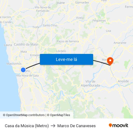 Casa da Música (Metro) to Marco De Canaveses map
