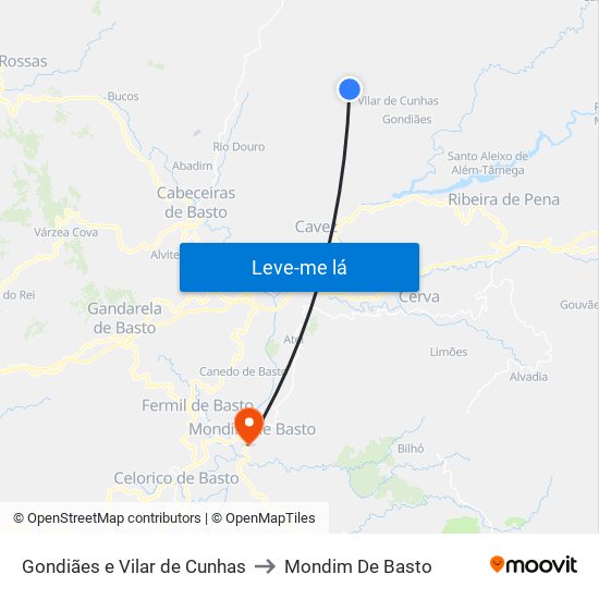 Gondiães e Vilar de Cunhas to Mondim De Basto map