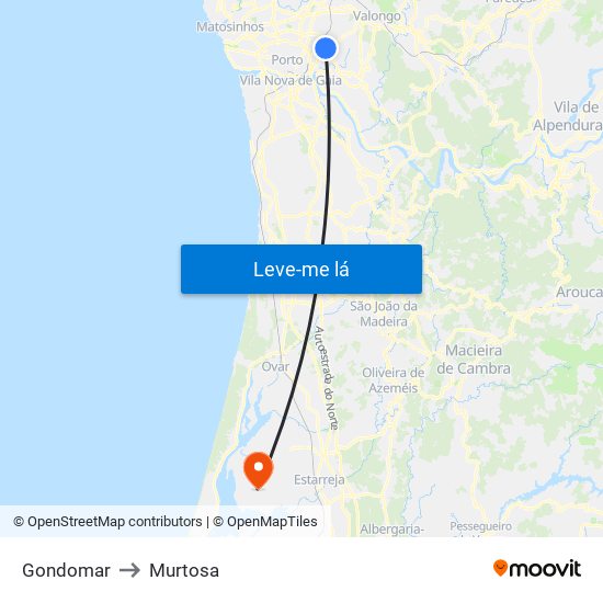 Gondomar to Murtosa map