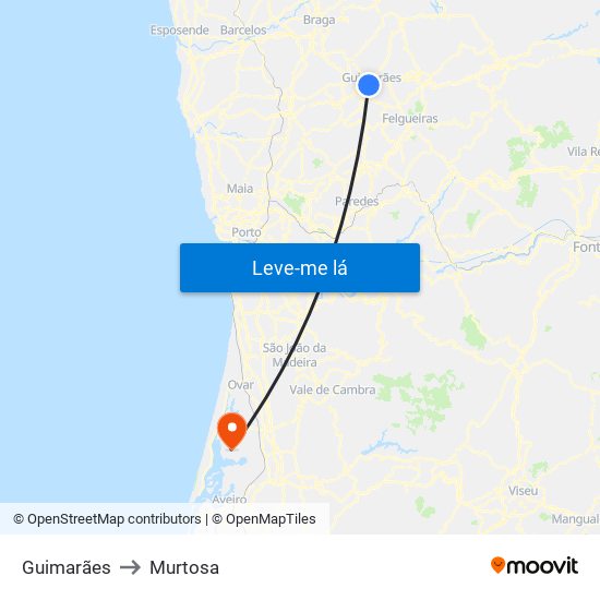 Guimarães to Murtosa map