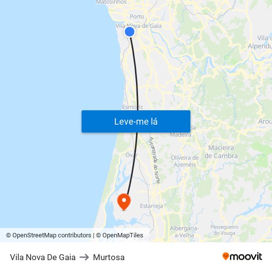 Vila Nova De Gaia to Murtosa map