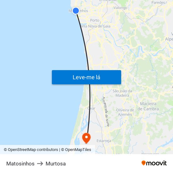 Matosinhos to Murtosa map