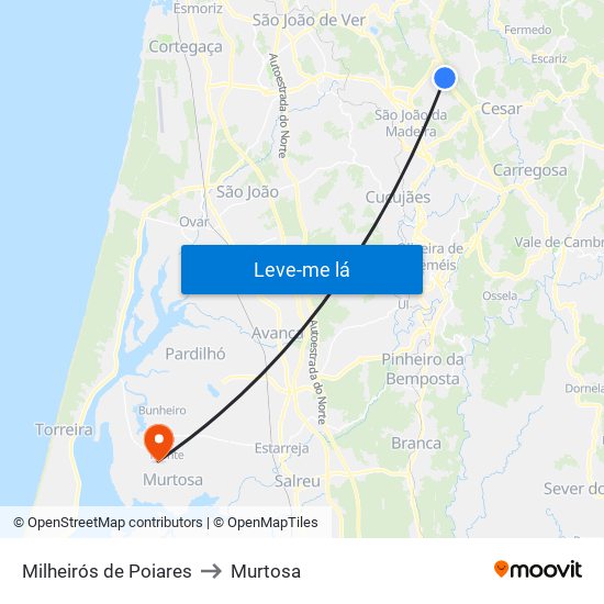 Milheirós de Poiares to Murtosa map