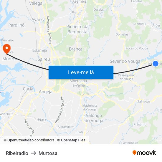 Ribeiradio to Murtosa map