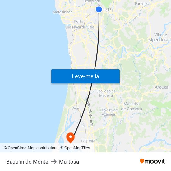 Baguim do Monte to Murtosa map