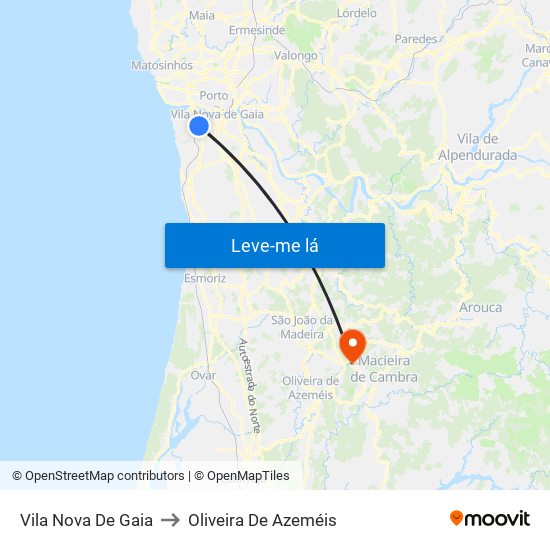 Vila Nova De Gaia to Oliveira De Azeméis map