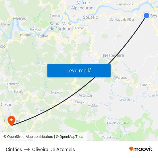 Cinfães to Oliveira De Azeméis map