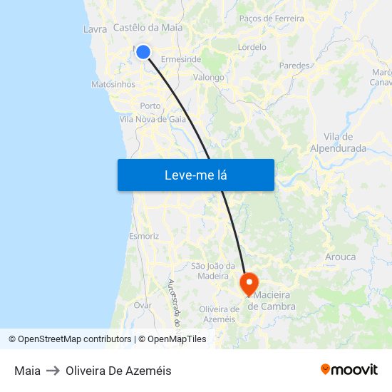 Maia to Oliveira De Azeméis map