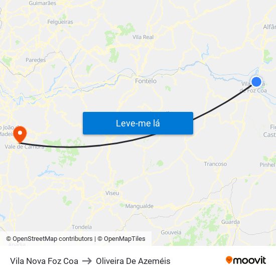 Vila Nova Foz Coa to Oliveira De Azeméis map