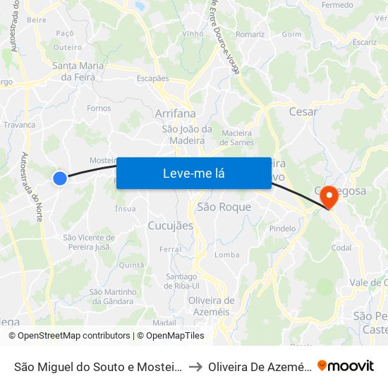 São Miguel do Souto e Mosteirô to Oliveira De Azeméis map