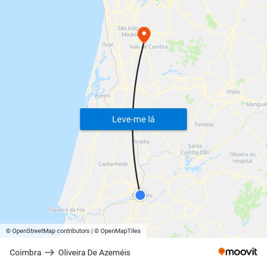 Coimbra to Oliveira De Azeméis map