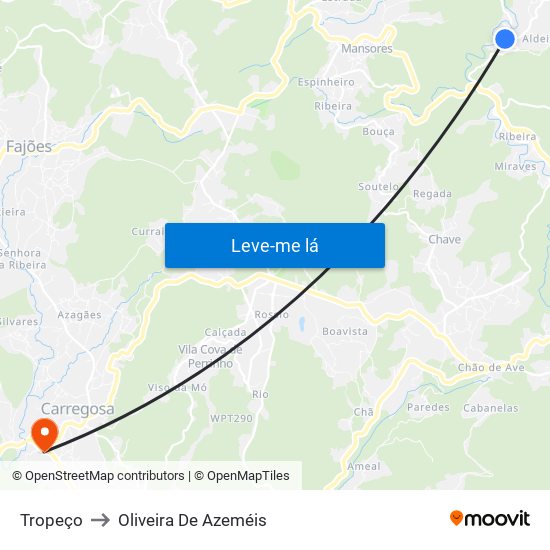 Tropeço to Oliveira De Azeméis map