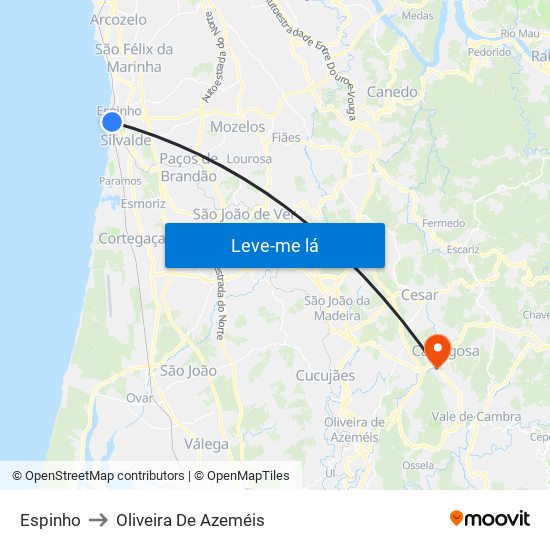 Espinho to Oliveira De Azeméis map