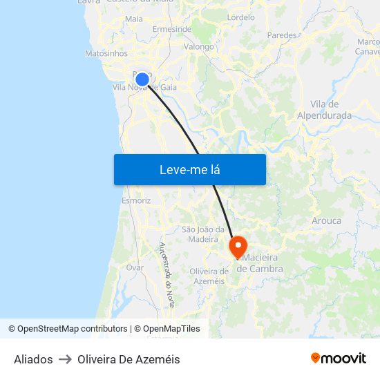 Aliados to Oliveira De Azeméis map