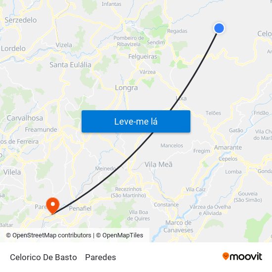 Celorico De Basto to Paredes map