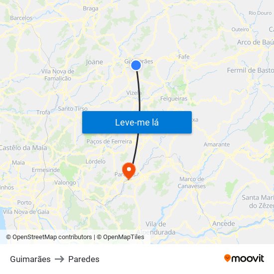 Guimarães to Paredes map