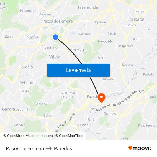 Paços De Ferreira to Paredes map