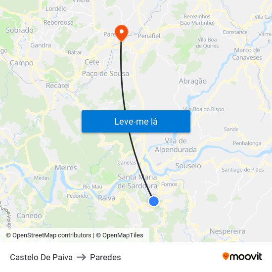 Castelo De Paiva to Paredes map