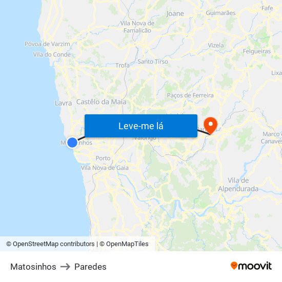 Matosinhos to Paredes map