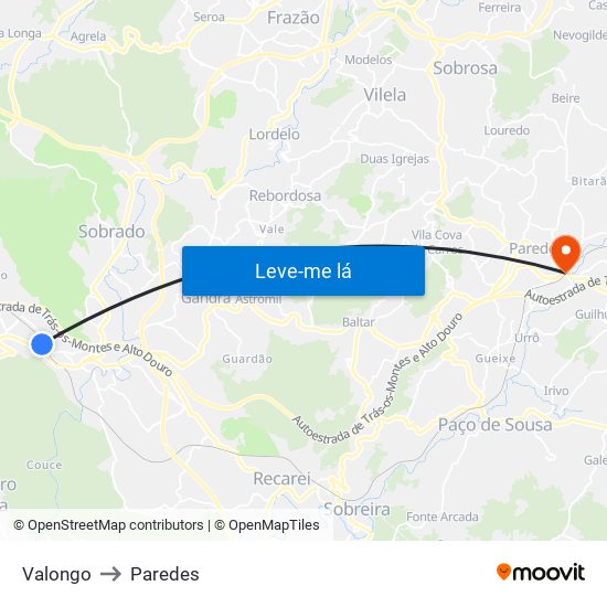 Valongo to Paredes map