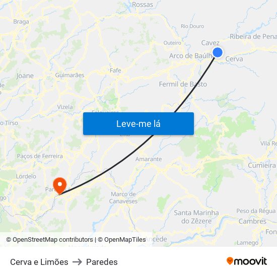 Cerva e Limões to Paredes map