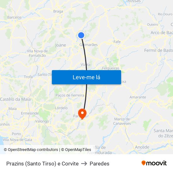 Prazins (Santo Tirso) e Corvite to Paredes map