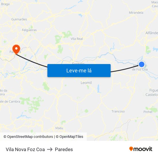 Vila Nova Foz Coa to Paredes map