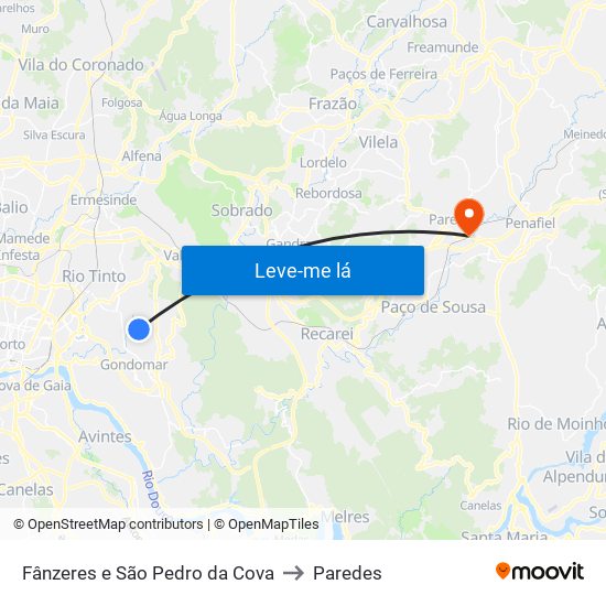 Fânzeres e São Pedro da Cova to Paredes map