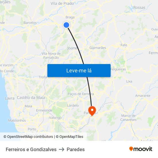 Ferreiros e Gondizalves to Paredes map