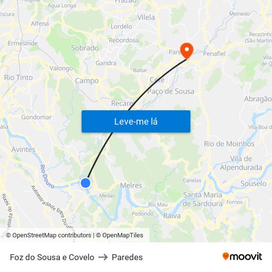 Foz do Sousa e Covelo to Paredes map